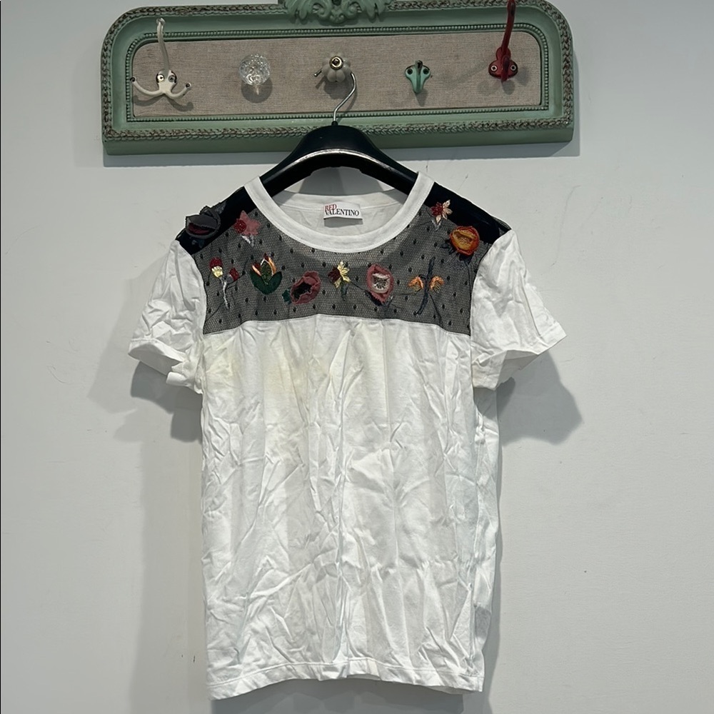 RED Valentino White Short Sleeve spring summer Tee with Floral Embroidery large